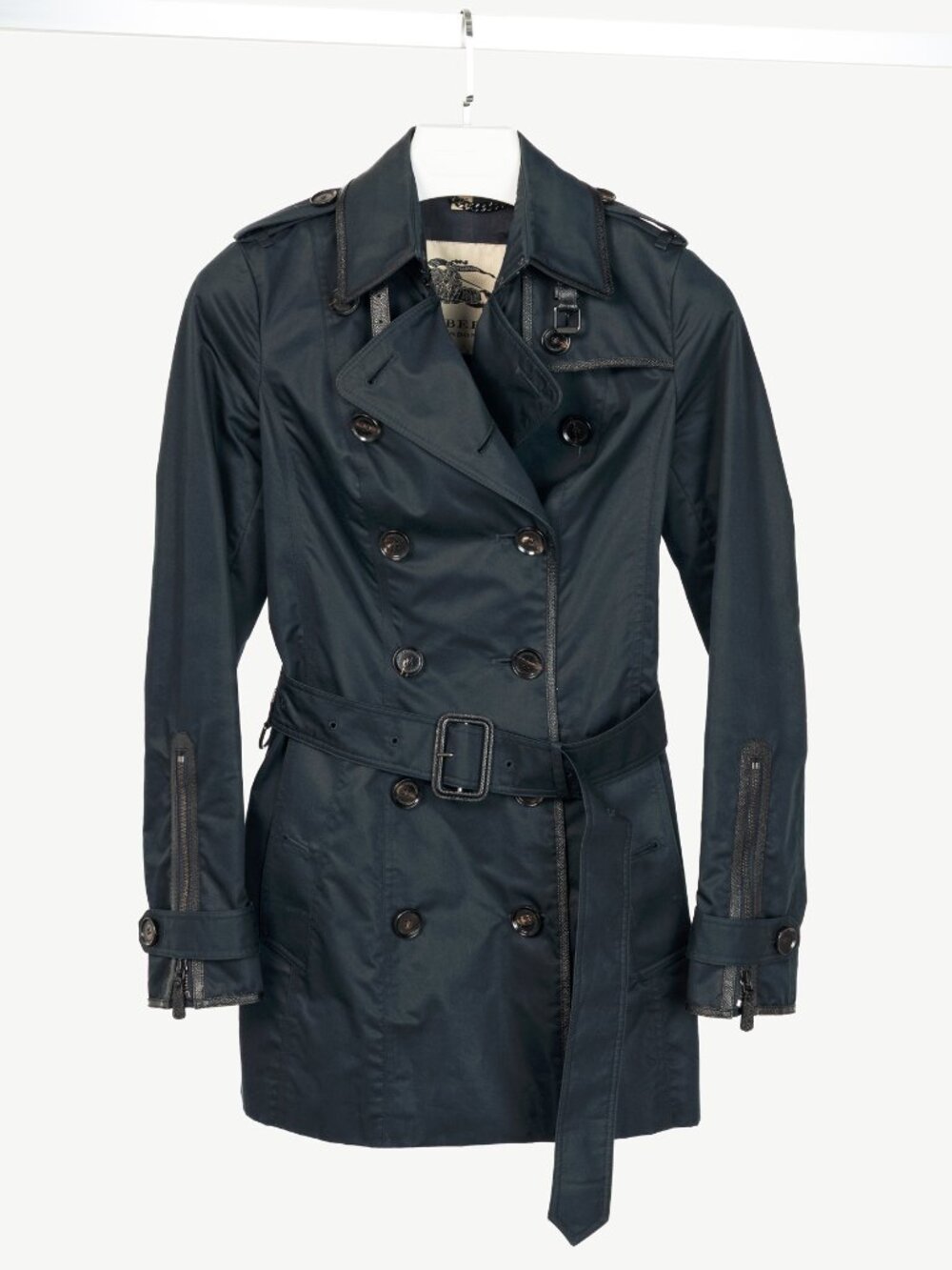 Burberry Black Cotton Leather-Trim Double-Breasted Belted Trench Coat